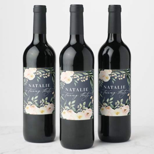 桃の水色フローラ30th誕生日パーティーの好意 ワインラベル (ボトル)