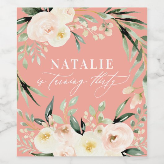 桃の水色フローラ30th誕生日パーティーの好意 ワインラベル (シングルラベル)