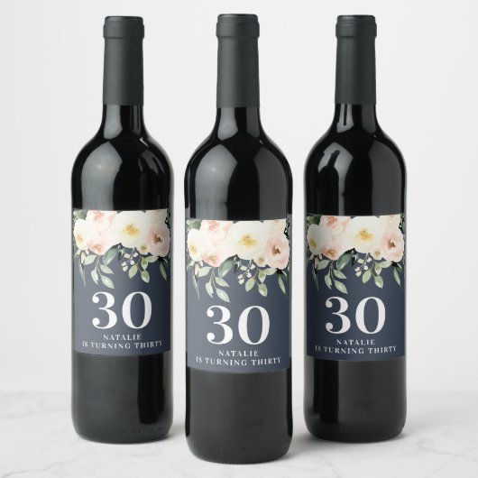 桃の水色フローラ30th誕生日パーティーの好意 ワインラベル (ボトル)