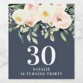 桃の水色フローラ30th誕生日パーティーの好意 ワインラベル (シングルラベル)