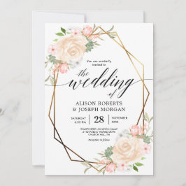 桃の水色金ゴールド幾何学的結婚枠 招待状