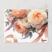 桃の牡丹とバラテーブルのシーティングカード ポストカード (裏面)