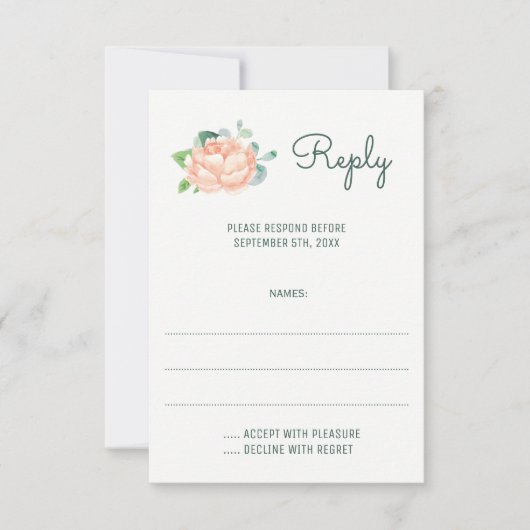 桃の牡丹の水の結婚色の返信カード 出欠カード (正面)