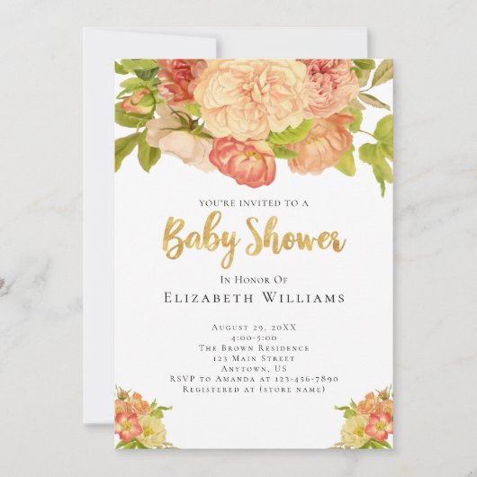 桃の牡丹の水の色の花ガールベビーシャワー 招待状 (正面)