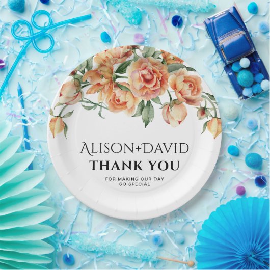 桃の牡丹の花とタイポグラフィ結婚の ペーパープレート (パーティー)