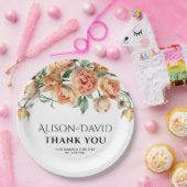 桃の牡丹の花とタイポグラフィ結婚の ペーパープレート (パーティー)