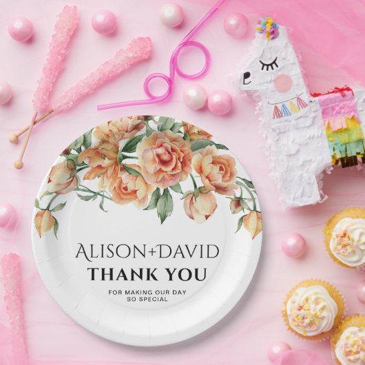 桃の牡丹の花とタイポグラフィ結婚の ペーパープレート (パーティー)