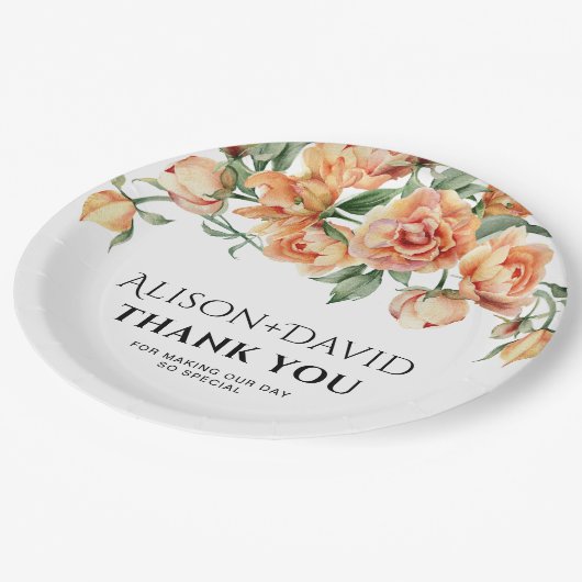 桃の牡丹の花とタイポグラフィ結婚の ペーパープレート (アングル)