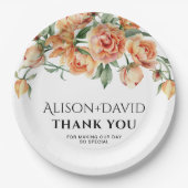 桃の牡丹の花とタイポグラフィ結婚の ペーパープレート (正面)