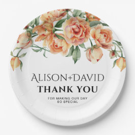 桃の牡丹の花とタイポグラフィ結婚の ペーパープレート