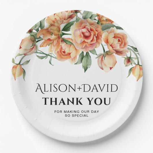桃の牡丹の花とタイポグラフィ結婚の ペーパープレート (正面)