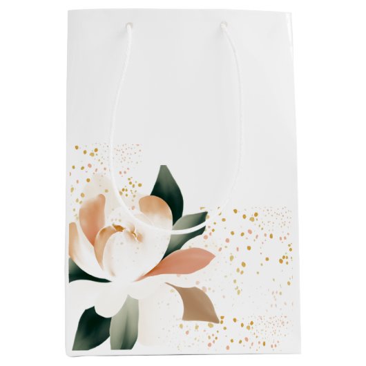 桃の牡丹の花と斑点のあるドット ミディアムペーパーバッグ (正面)