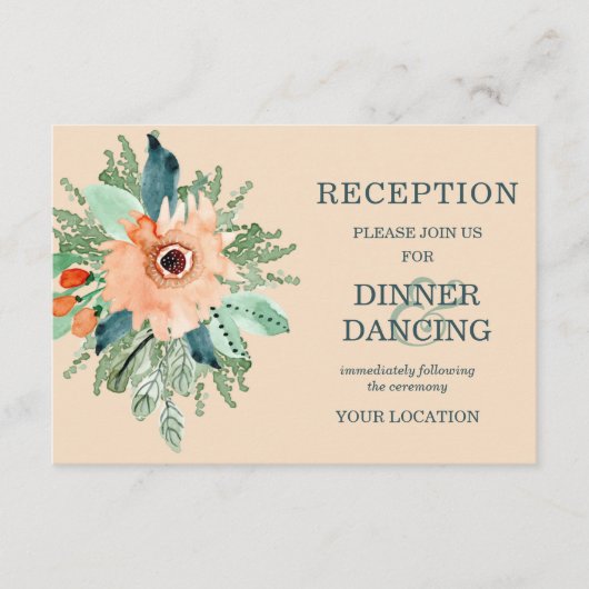 桃の玉ティール(緑がかった色)フローラウェディングレセプションカード エンクロージャーカード (正面)