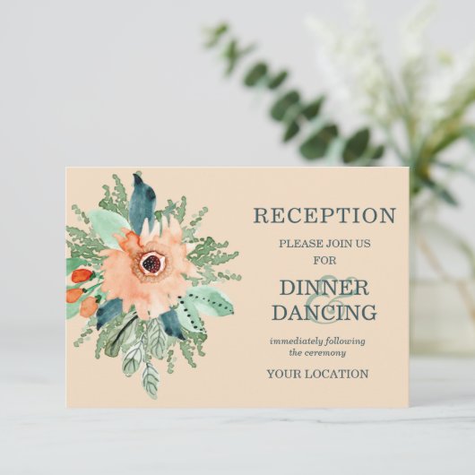 桃の玉ティール（緑がかった色）フローラウェディングレセプションカード エンクロージャーカード (スタンド正面)