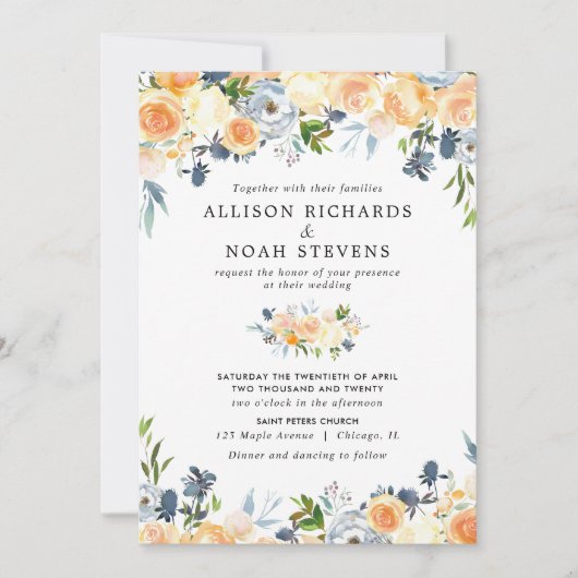 桃の珊瑚と青いフローラの結婚水色 招待状 (正面)