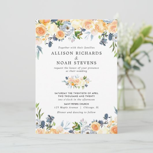 桃の珊瑚と青いフローラの結婚水色 招待状 (スタンド正面)