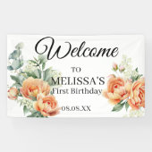 桃の珊瑚色のグリーンウェルカムファーストバースデーサイン 横断幕 (横)