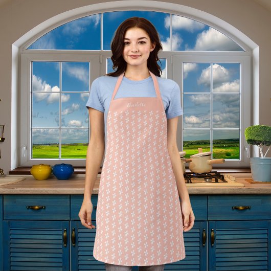 桃の白い花柄の名前 エプロン