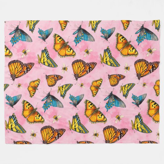 桃の空の上の蝶と蜂 フリースブランケット (正面(横))