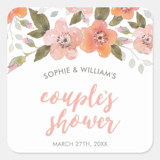 桃の繊細なフローラカップルのシャワー スクエアシール (正面)