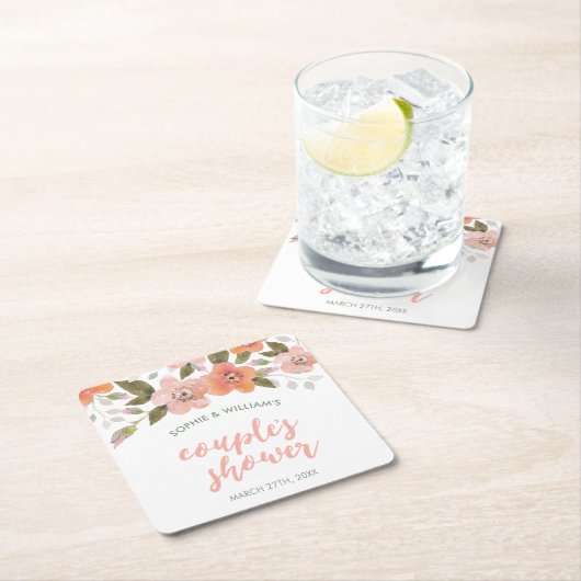 桃の繊細なフローラカップルのシャワー スクエアペーパーコースター (インサイチュ)