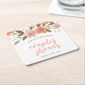 桃の繊細なフローラカップルのシャワー スクエアペーパーコースター (アングル)