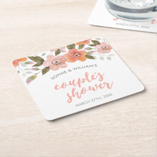 桃の繊細なフローラカップルのシャワー スクエアペーパーコースター (アングル)