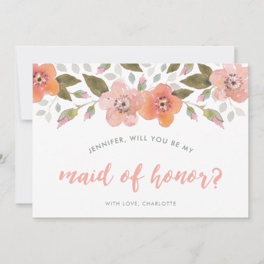 桃の繊細なフローラ私のメイド・オブ・オーナー(花嫁付き添い人) 招待状 (正面)