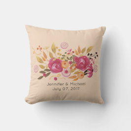 桃の背景にピンクとオレンジの花束 クッション