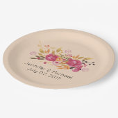 桃の背景にピンクとオレンジの花束 ペーパープレート (アングル)