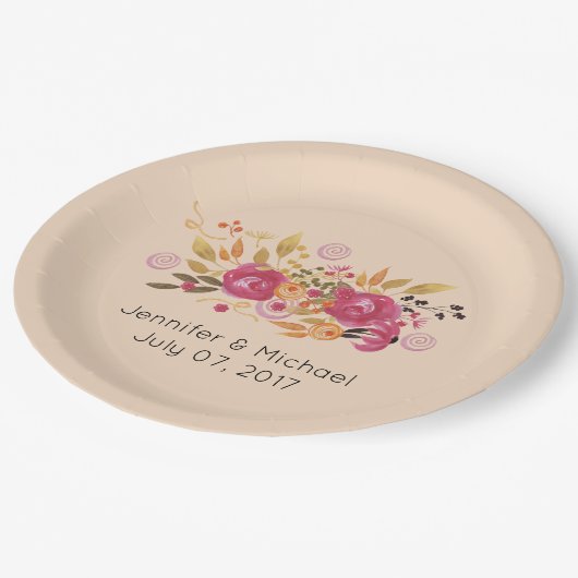 桃の背景にピンクとオレンジの花束 ペーパープレート (アングル)