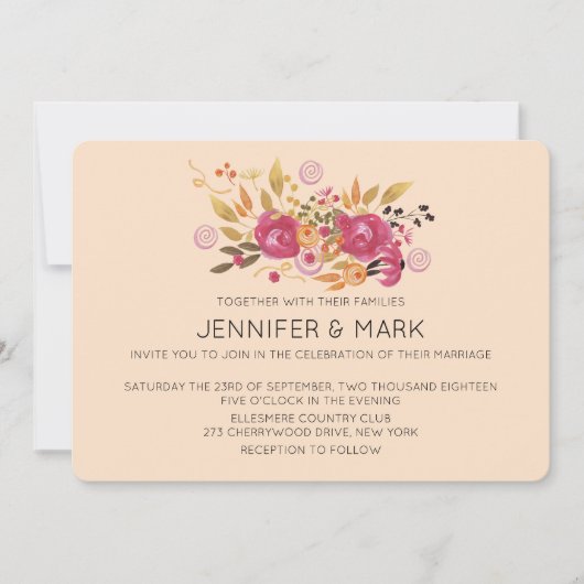 桃の背景にピンクとオレンジの花束 招待状 (正面)