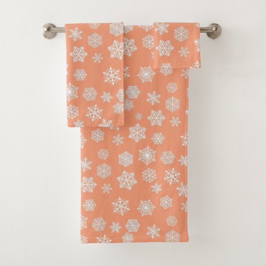 桃の背景に白い3-d雪の結晶 バスタオルセット (インサイチュ)