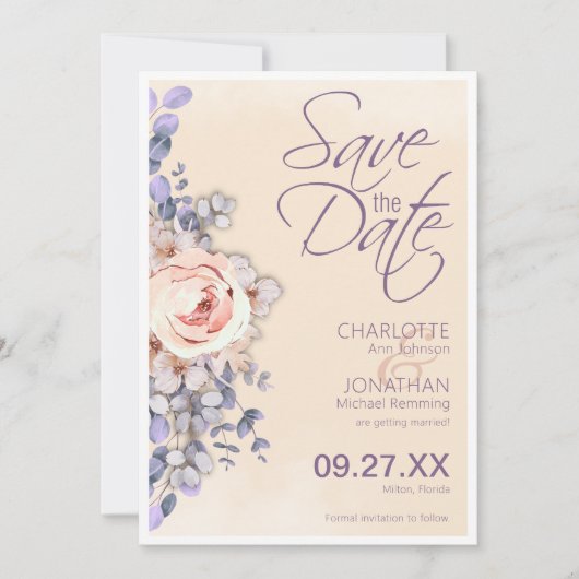 桃の色のフローラ結婚式の日付カードを保存 セーブザデート (正面)
