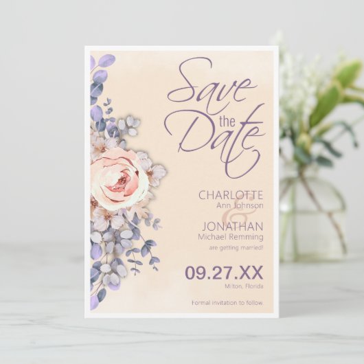 桃の色のフローラ結婚式の日付カードを保存 セーブザデート (スタンド正面)