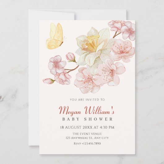 桃の花が咲くベビーシャワー 招待状 (正面)