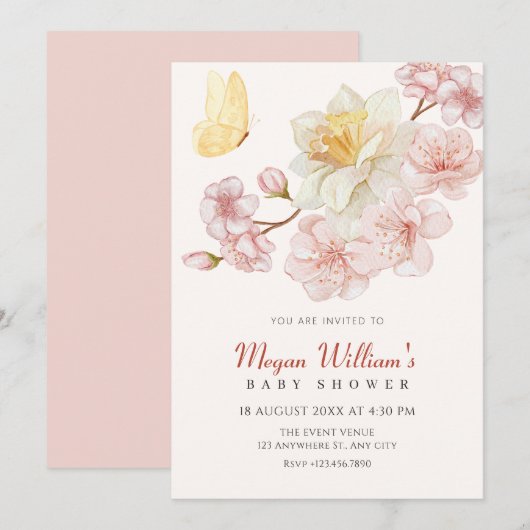 桃の花が咲くベビーシャワー 招待状 (正面/裏面)