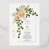 桃の花とアーチ結婚の実在金ゴールド箔 箔招待状 (正面)