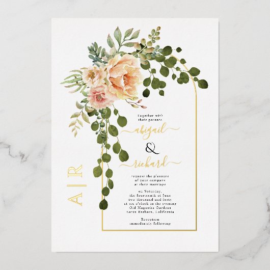 桃の花とアーチ結婚の実在金ゴールド箔 箔招待状 (正面)