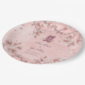 桃の花と幸福中国の結婚の二 ペーパープレート (アングル)