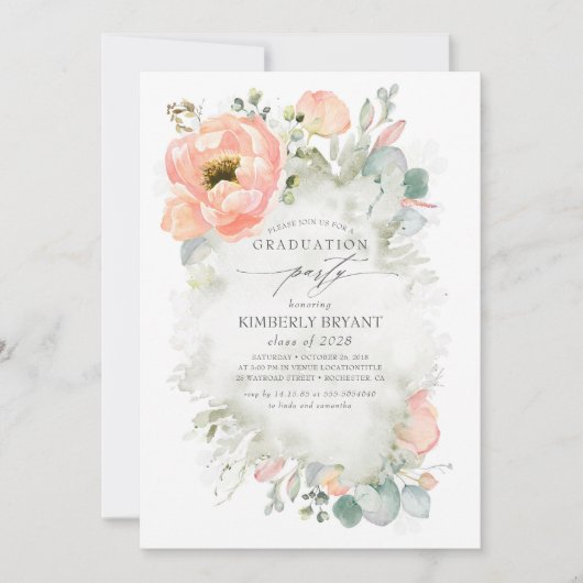 桃の花と緑のエレガント卒業 招待状 (正面)