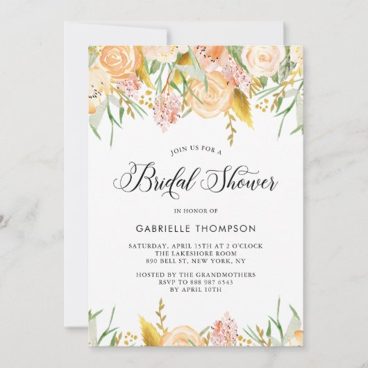 桃の花と金ゴールド離れブライダルシャワー 招待状 (正面)