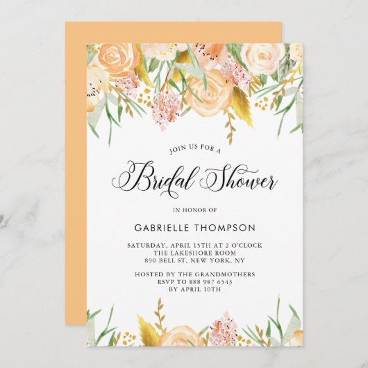 桃の花と金ゴールド離れブライダルシャワー 招待状 (正面/裏面)