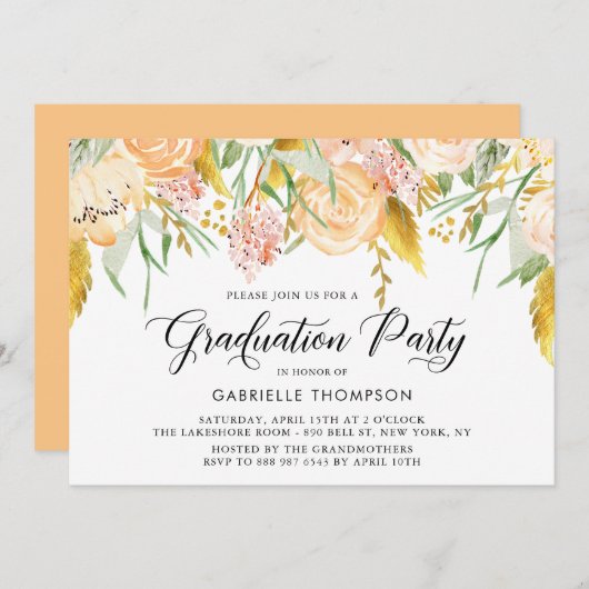 桃の花と金ゴールド離れ卒業パーティー 招待状 (正面/裏面)