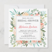 桃の花のウェディングシャワーの水彩画ピーオニーとバラ 招待状 (正面)