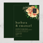 桃の花のエメラルドグリーン結婚式 招待状 (正面/裏面)