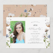 桃の花のカリグラフィー誕生日パーティー 招待状 (正面/裏面)