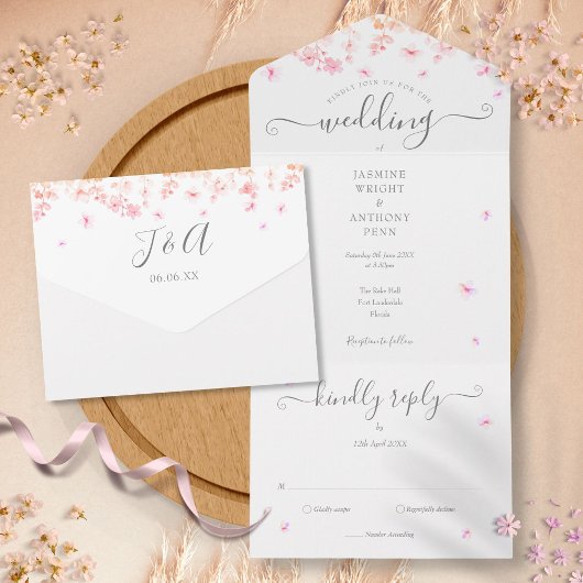 桃の花のカリグラフィー モノグラム オールインワン招待状