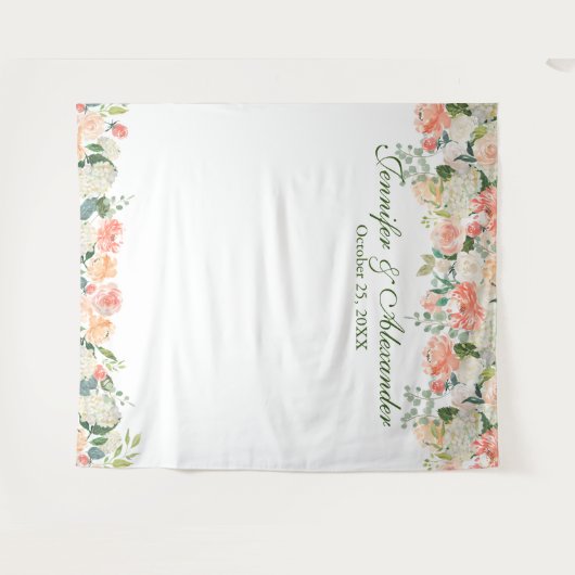 桃の花のクリーム フローラル ウェディング フォト ブースの背景 タペストリー (正面(横))