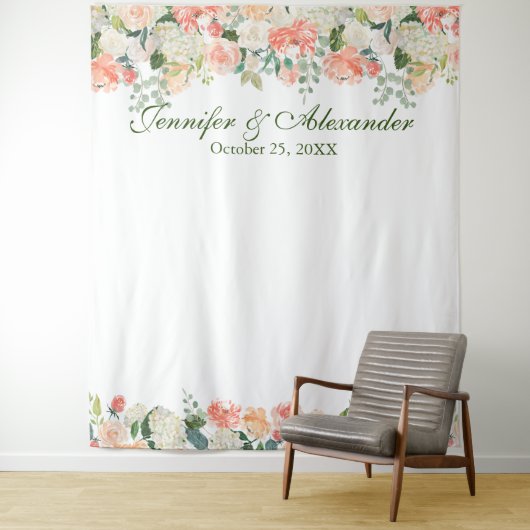 桃の花のクリーム フローラル ウェディング フォト ブースの背景 タペストリー (インサイチュ)